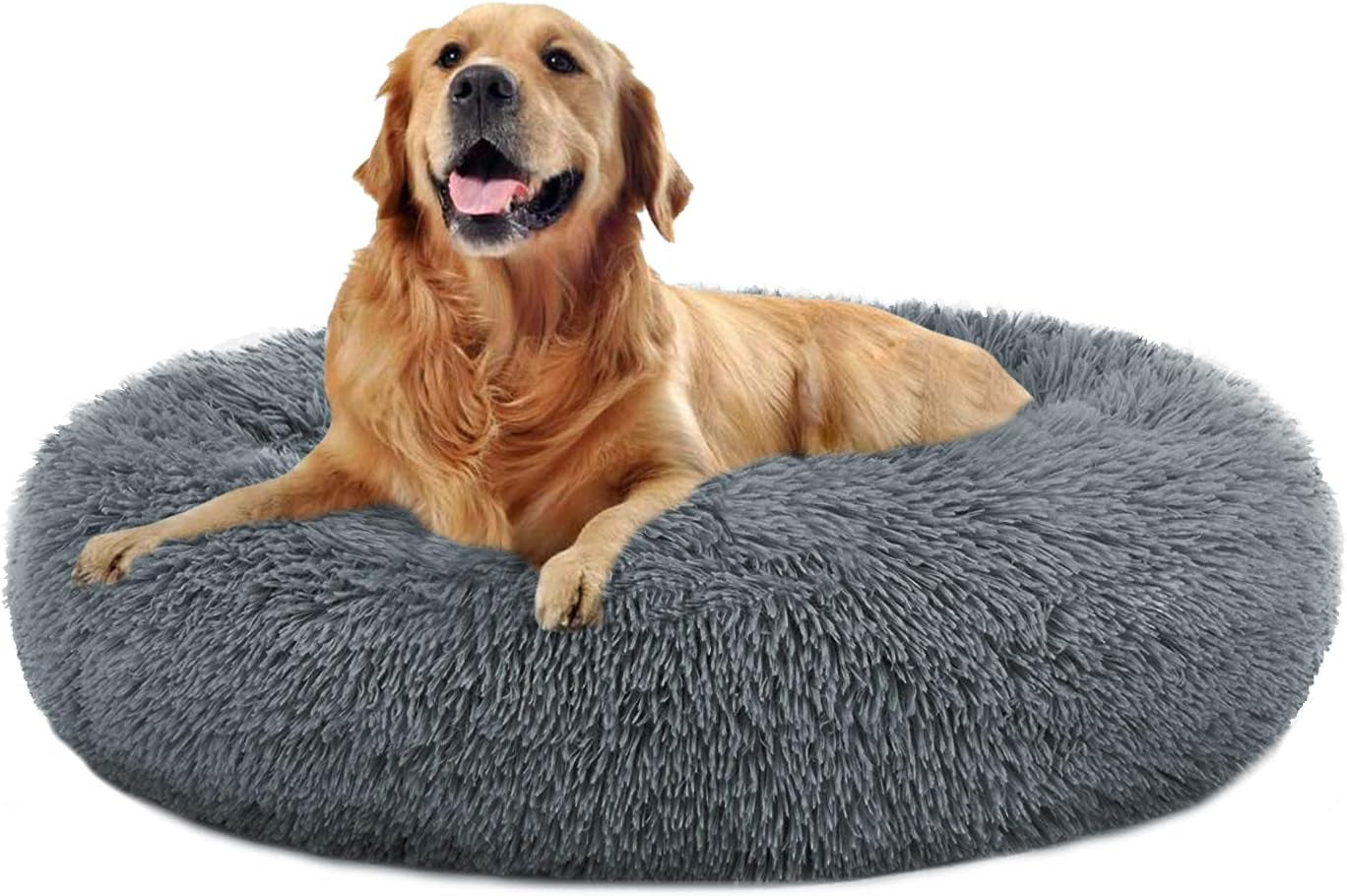 Dog Beds Calming Dog Bed, Faux Fur Fluffy Donut Cuddler Anxiety Cat Bed, round Donut Dog Beds Large Dogs (Xx-Large(36"X28"), B-Grey)